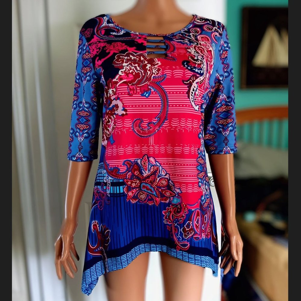 ROSEWE Assymetrical Pink & Blue Short Dress/Tunic, 3/4 Sleeves, Size M,